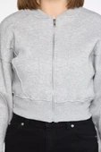 Gri Fermuarlı Crop Top Sweatshirt - 4