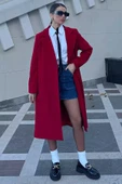 Kırmızı Kadın Astarlı Kuşaklı Kaşe Kaban - 1