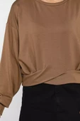 Kahve Kadın Bisiklet Yaka Pile Detaylı Sweatshirt - 4