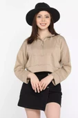 Bej Oysho Kumaş Fermuar Detaylı Kadın Crop Top Sweatshirt - 2