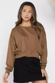 Kahve Kadın Bisiklet Yaka Pile Detaylı Sweatshirt - 1