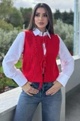 Kırmızı Kadın Örgü Desenli Bağlamalı Triko Yelek - 1