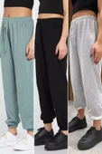 Siyah-gri-mint Fitilli Paça Lastikli 3 Lü Pantolon - 1