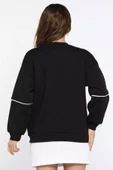 Siyah Kadın Üç İplik Şardonlu Nakışlı Sweatshirt - 3