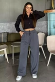 Füme Kadın Yüksek Bel Yazı Baskılı Çimalı Bol Paça Pantolon - 1