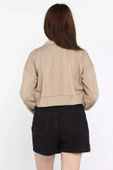 Bej Oysho Kumaş Fermuar Detaylı Kadın Crop Top Sweatshirt - 4