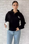 Siyah Kadın Polo Yaka Baskılı Şardonlu Sweatshirt - 2