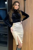 Bej Kadın Yırtmaç Detaylı Suni Deri Etek - 1