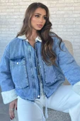Buzmavisi Kadın Yaka Ve Kol Peluş Detaylı Kot Jean Ceket - 1