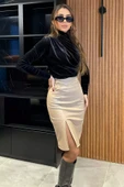 Bej Kadın Yırtmaç Detaylı Suni Deri Etek - 2
