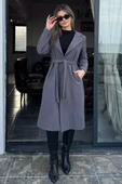 Füme Kadın Astarlı Kuşaklı Kaşe Kaban - 2