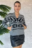 Grisiyahlı Desenli Fermuarlı Triko Hırka - 2