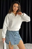 Krem Polo Yaka Şardonlu Kadın Sweatshirt - 1