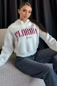 Beyaz Kapüşonlu Üç İplik Şardonlu Kadın Sweatshirt - 2