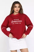 Bordo Kadın Üç İplik Şardonlu Nakışlı Sweatshirt - 1
