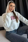 Beyaz Kapüşonlu Üç İplik Şardonlu Kadın Sweatshirt - 1