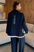 Lacivert Kadın Astarlı Oversize Arka Yazılı Blazer Ceket - 3