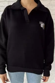 Siyah Kadın Polo Yaka Baskılı Şardonlu Sweatshirt - 3