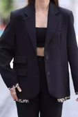 Siyah Kadın Astarlı Leopar Detaylı Oversize Blazer Ceket - 2