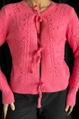 Pembe Kadın Örgü Desenli Bağlamalı Triko Ceket - 3