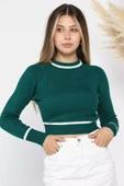 Zümrüt Yeşili Fitilli Crop Triko Kazak - 2