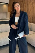 Lacivert Kadın Astarlı Oversize Arka Yazılı Blazer Ceket - 1