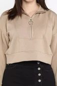 Bej Oysho Kumaş Fermuar Detaylı Kadın Crop Top Sweatshirt - 3