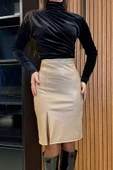 Bej Kadın Yırtmaç Detaylı Suni Deri Etek - 3