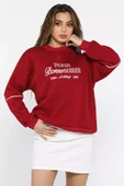 Bordo Kadın Üç İplik Şardonlu Nakışlı Sweatshirt - 2