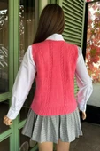 Pembe Kadın Örgü Desenli Bağlamalı Triko Yelek - 4