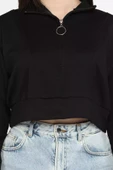 Siyah Oysho Kumaş Fermuar Detaylı Kadın Crop Top Sweatshirt - 3