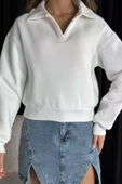 Krem Polo Yaka Şardonlu Kadın Sweatshirt - 2