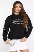 Siyah Kadın Üç İplik Şardonlu Nakışlı Sweatshirt - 1