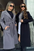 Füme Kadın Astarlı Kuşaklı Kaşe Kaban - 1