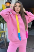 Pembe Kadın Kapüşonlu Renkli Şeritli Şardonlu Sweatshirt - 2