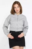 Gri Fermuarlı Crop Top Sweatshirt - 2