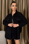 Siyah Kadın Oversize Kaşe Gömlek Ceket - 2