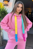 Pembe Kadın Kapüşonlu Renkli Şeritli Şardonlu Sweatshirt - 1