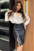 Siyah Kadın Yırtmaç Detaylı Suni Deri Etek - 2