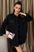 Siyah Kadın Oversize Kaşe Gömlek Ceket - 1