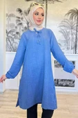 İndigo Yaka Bağlama Detaylı Kol Ucu Lastikli Tunik - 3