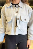 Gri Çift Cepli Crop Top Kaşe Mont - 3