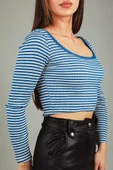 Saksmavisi Kadın Kare Yaka Çizgili Kaşkorse Crop Body Bluz - 3