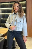 Gri Çift Cepli Crop Top Kaşe Mont - 2
