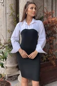 Beyazsiyah Gömlek Garnili Uzun Kol Kadın Elbise - 2