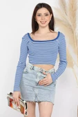 Saksmavisi Kadın Kare Yaka Çizgili Kaşkorse Crop Body Bluz - 8