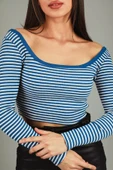 Saksmavisi Kadın Kare Yaka Çizgili Kaşkorse Crop Body Bluz - 1