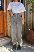 Antrasit Paça Yırtmaçlı Likralı Kadın Jean Kot Pantolon - 3