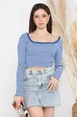Saksmavisi Kadın Kare Yaka Çizgili Kaşkorse Crop Body Bluz - 7