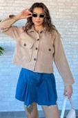 Bej Çift Cepli Crop Top Kaşe Mont - 1